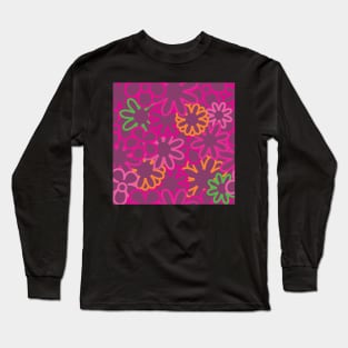 Hippie Floral Purple Bright Colors Overlap Seamless Pattern Version 4 Long Sleeve T-Shirt